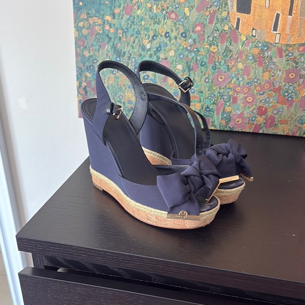 Tory Burch Navy Wedge Sandals with Bow